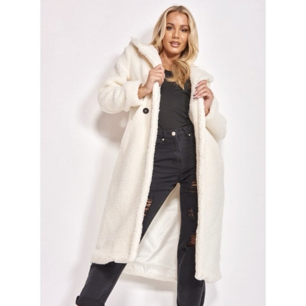 1 DAY SALE! Long Sleeve Hoodie Hooded Long Maxi Borg Teddy Bear Fur Coat - Picture 10 of 15